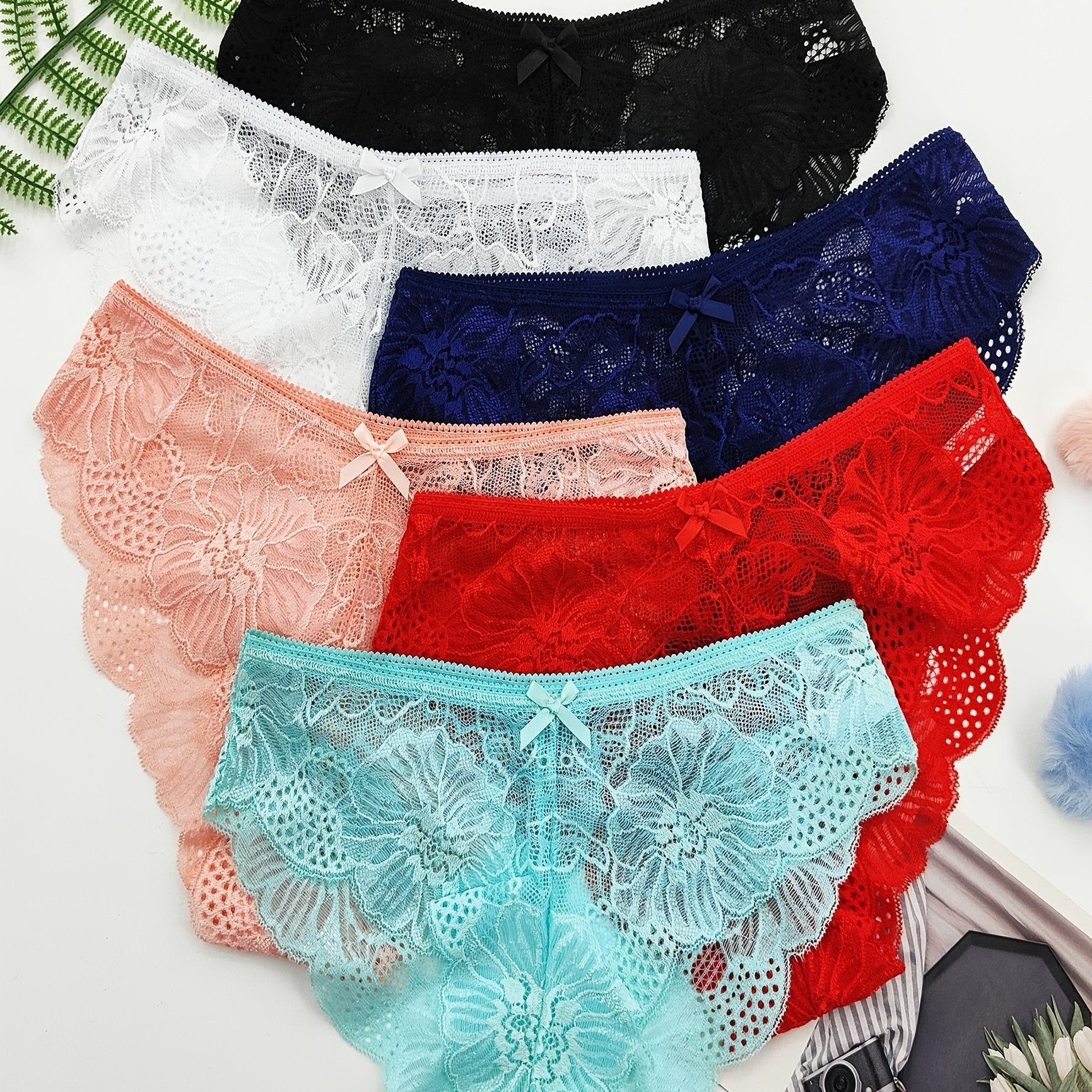 6pcs Jacquard Lace Bow Hipster Bikini Panties, Comfortable & Breathable Low Waist Briefs, Women's Lingerie & Underwear - VibraStore