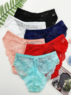 6pcs Jacquard Lace Bow Hipster Bikini Panties, Comfortable & Breathable Low Waist Briefs, Women's Lingerie & Underwear - VibraStore