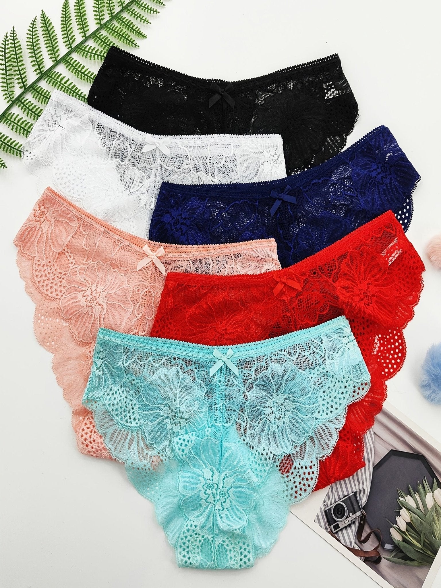 6pcs Jacquard Lace Bow Hipster Bikini Panties, Comfortable & Breathable Low Waist Briefs, Women's Lingerie & Underwear - VibraStore