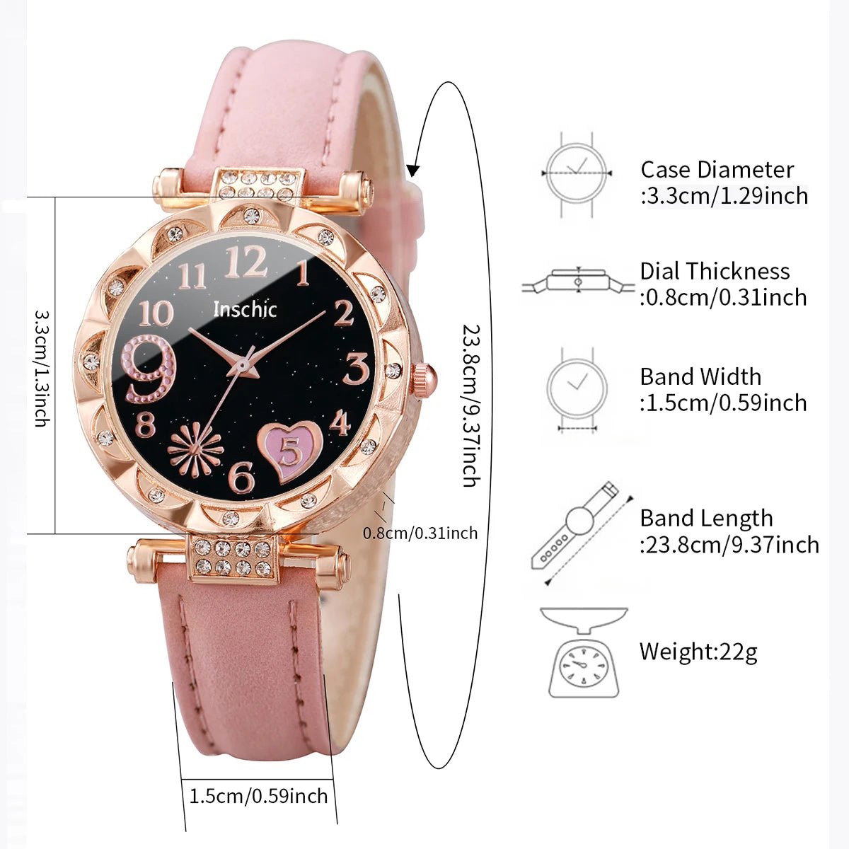 6PCS/Set Women Watches Fashion Rhinestone Heart Dial Quartz Watch Leather Band Wristwatches Bracelets Set（Without Box） - VibraStore