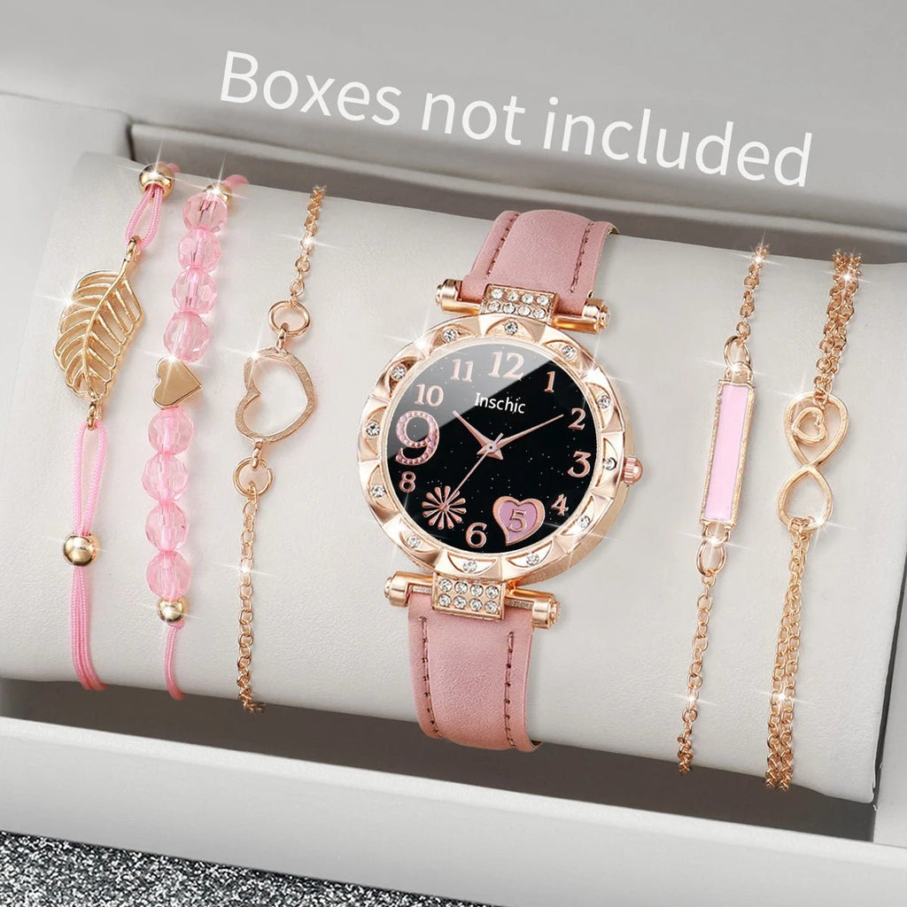 6PCS/Set Women Watches Fashion Rhinestone Heart Dial Quartz Watch Leather Band Wristwatches Bracelets Set（Without Box） - VibraStore