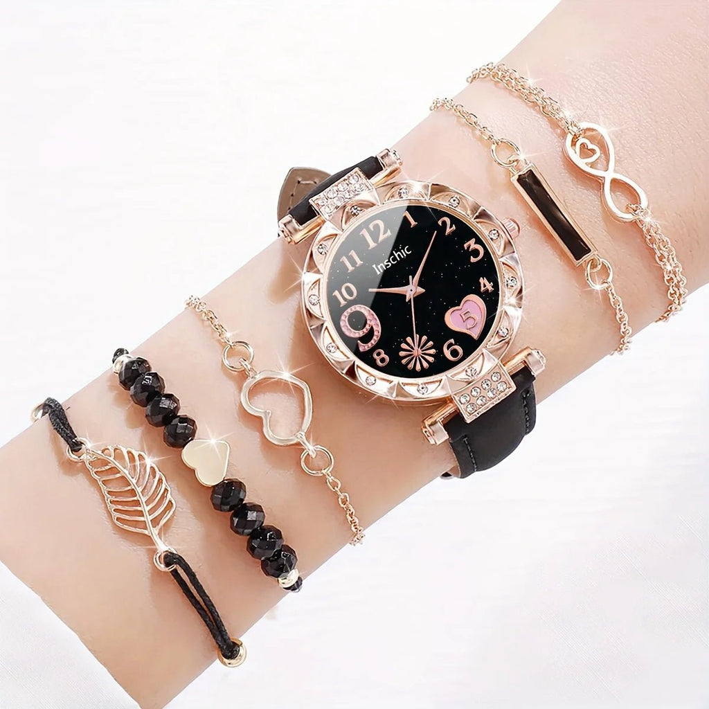 6PCS/Set Women Watches Fashion Rhinestone Heart Dial Quartz Watch Leather Band Wristwatches Bracelets Set（Without Box） - VibraStore
