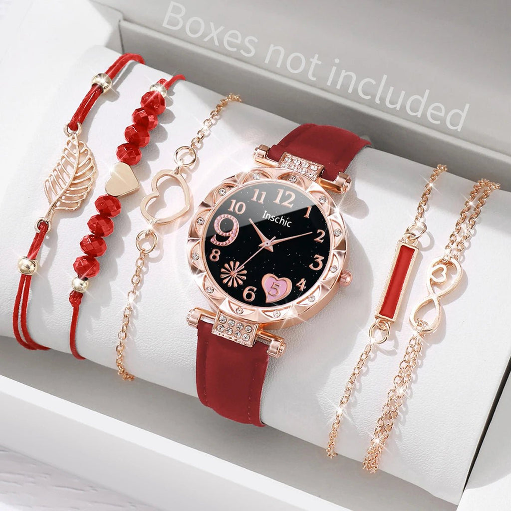 6PCS/Set Women Watches Fashion Rhinestone Heart Dial Quartz Watch Leather Band Wristwatches Bracelets Set（Without Box） - VibraStore
