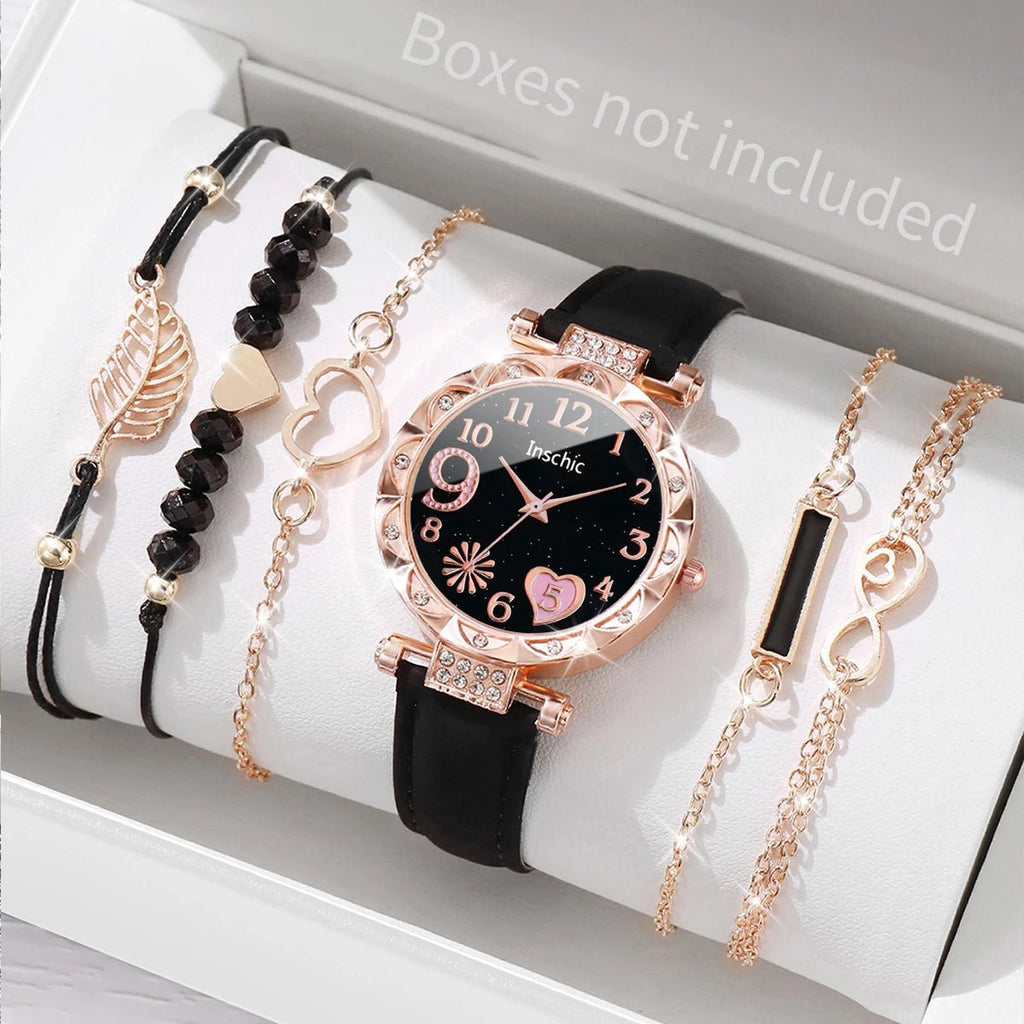 6PCS/Set Women Watches Fashion Rhinestone Heart Dial Quartz Watch Leather Band Wristwatches Bracelets Set（Without Box） - VibraStore