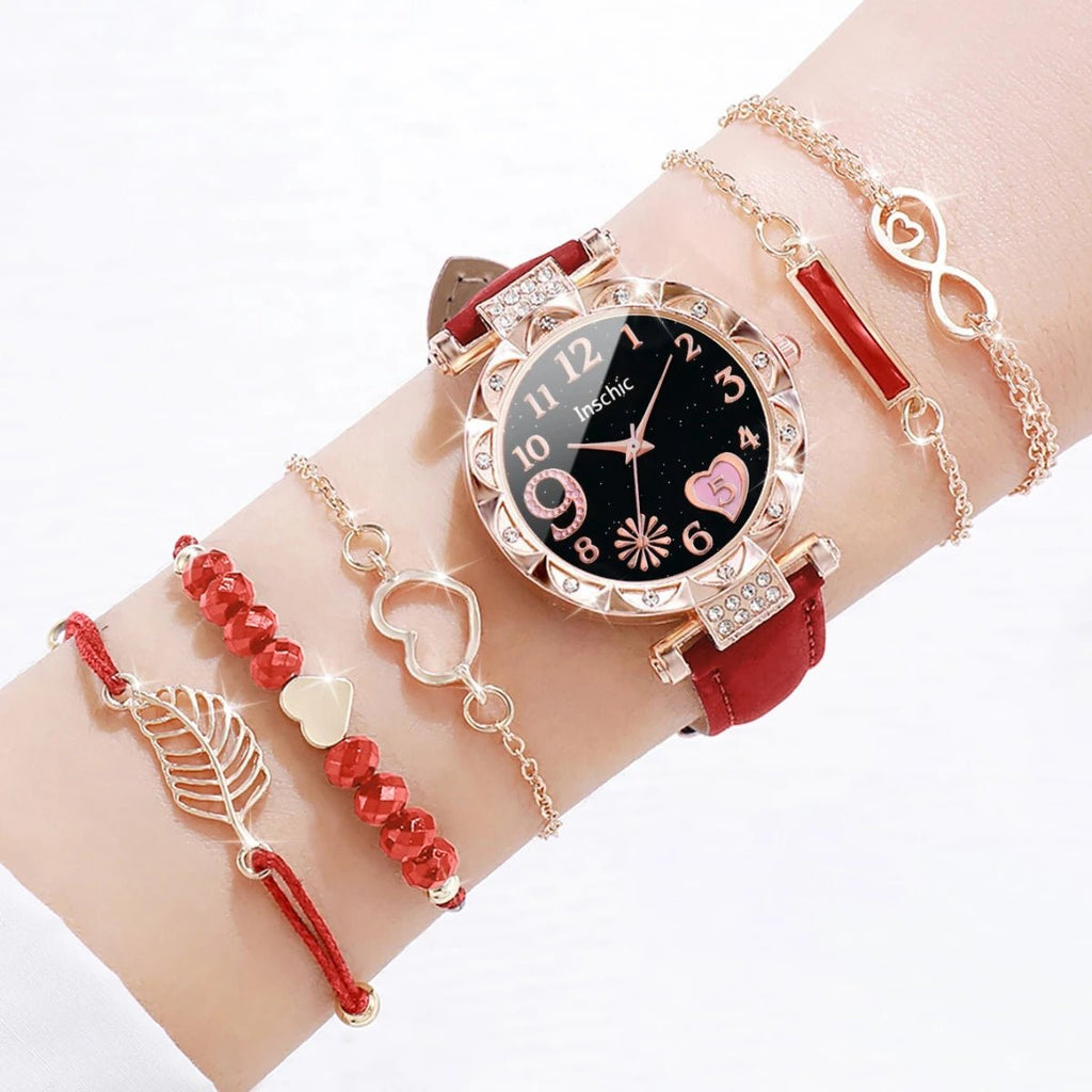 6PCS/Set Women Watches Fashion Rhinestone Heart Dial Quartz Watch Leather Band Wristwatches Bracelets Set（Without Box） - VibraStore