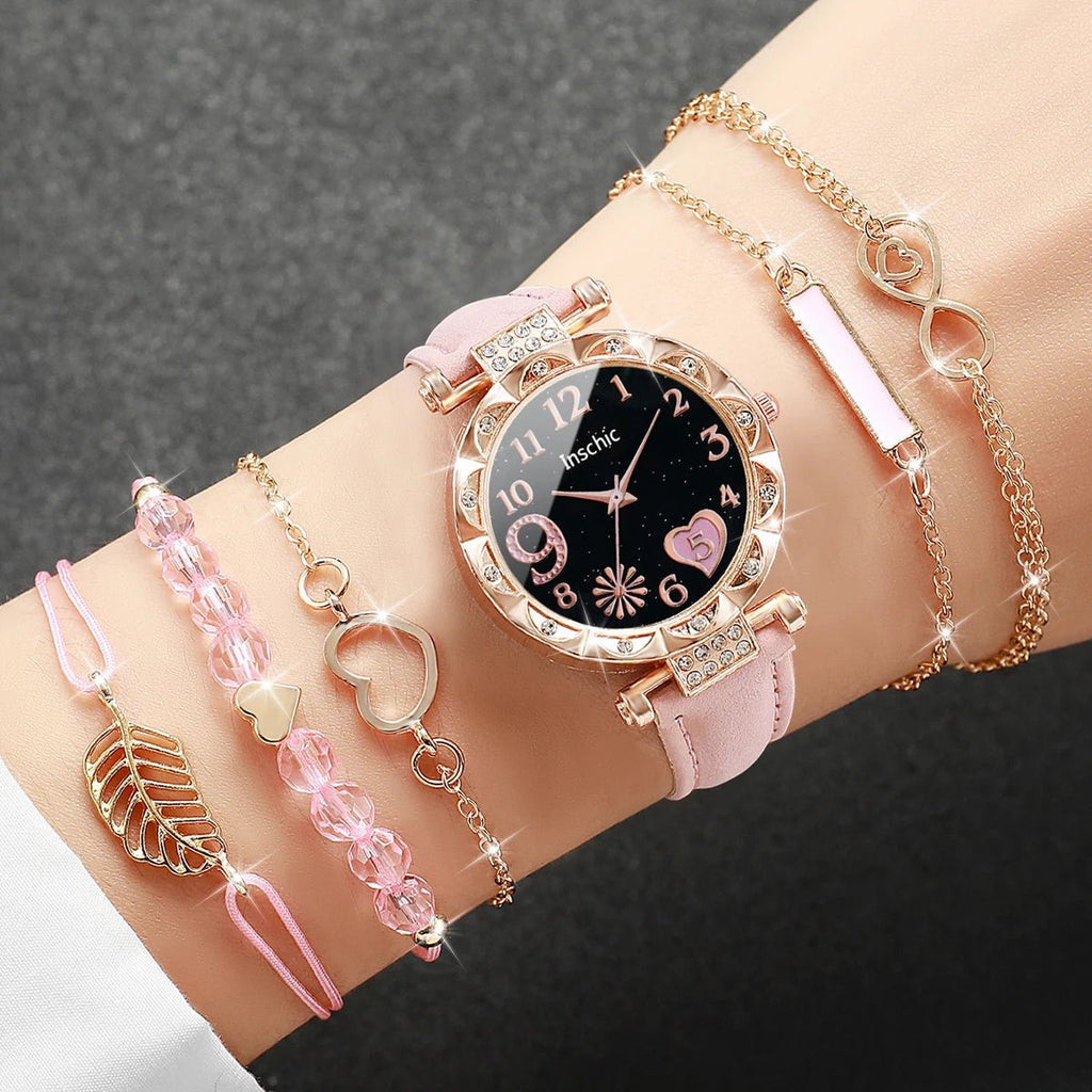 6PCS/Set Women Watches Fashion Rhinestone Heart Dial Quartz Watch Leather Band Wristwatches Bracelets Set（Without Box） - VibraStore