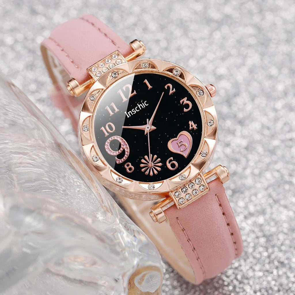 6PCS/Set Women Watches Fashion Rhinestone Heart Dial Quartz Watch Leather Band Wristwatches Bracelets Set（Without Box） - VibraStore