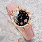 6PCS/Set Women Watches Fashion Rhinestone Heart Dial Quartz Watch Leather Band Wristwatches Bracelets Set（Without Box） - VibraStore