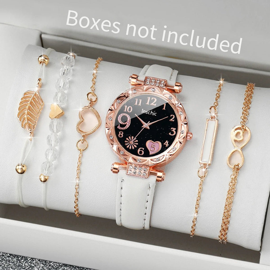 6PCS/Set Women Watches Fashion Rhinestone Heart Dial Quartz Watch Leather Band Wristwatches Bracelets Set（Without Box） - VibraStore