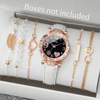 6PCS/Set Women Watches Fashion Rhinestone Heart Dial Quartz Watch Leather Band Wristwatches Bracelets Set（Without Box） - VibraStore