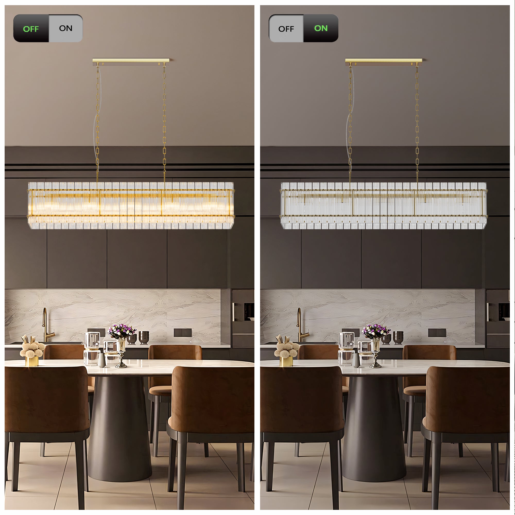 Modern Rectangular Crystal Glass Chandelier, 10-Lights Glod Chandelier Lighting Contemporary Pendant Ceiling Light Fixture For Dining Room Living Room Kitchen Island