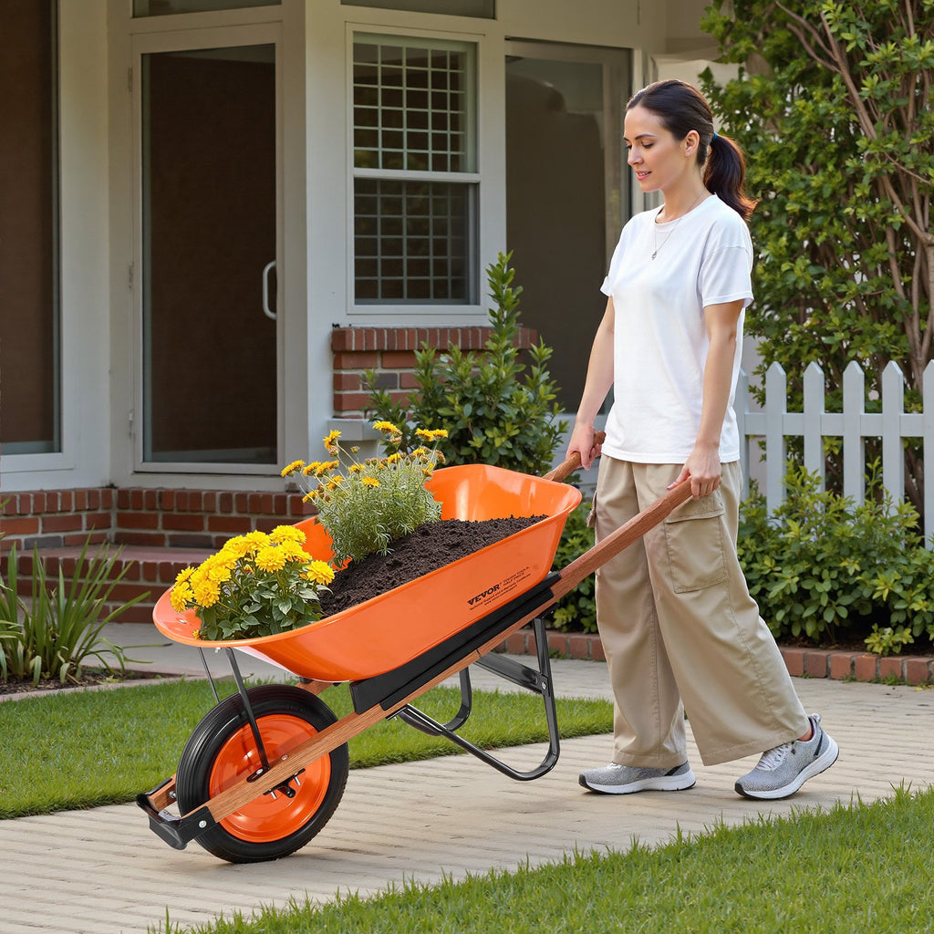 Wheelbarrow Cart, 5 Cu. Ft. Load & 265 Lbs Capacity, One Wheel Garden Dump Cart, Garden Wagon With Metal Handle & 16" Wide Track Wheels, Easy Loading Utility Yard Cart & Wagons For Lawn Farm