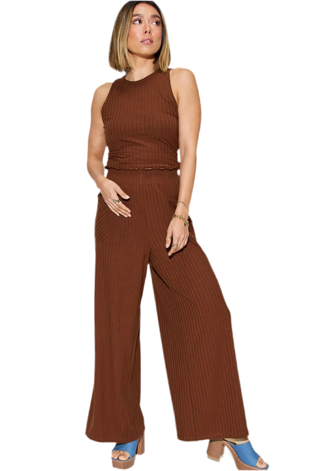 Basic Bae Full Size Ribbed Tank and Wide Leg Pants Set