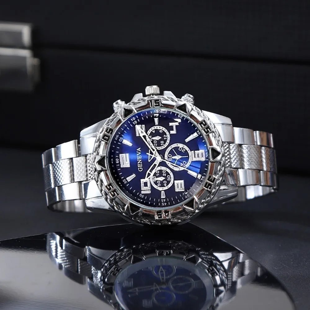 8pcs/set Men'sWatch Set with Blue Round Dial,Bracelet,Necklace,Ring - Fashionable Zinc Alloy Jewelry Set,Ideal Choice for Gifts. - VibraStore
