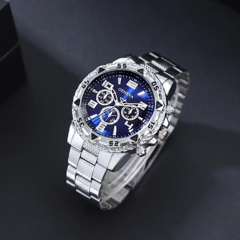 8pcs/set Men'sWatch Set with Blue Round Dial,Bracelet,Necklace,Ring - Fashionable Zinc Alloy Jewelry Set,Ideal Choice for Gifts. - VibraStore