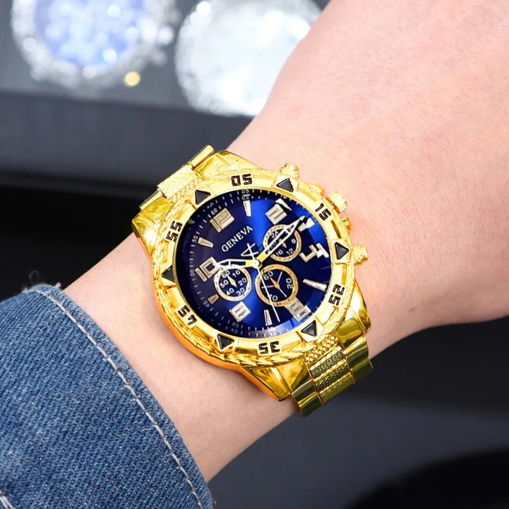 8pcs/set Men'sWatch Set with Blue Round Dial,Bracelet,Necklace,Ring - Fashionable Zinc Alloy Jewelry Set,Ideal Choice for Gifts. - VibraStore