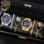 8pcs/set Men'sWatch Set with Blue Round Dial,Bracelet,Necklace,Ring - Fashionable Zinc Alloy Jewelry Set,Ideal Choice for Gifts. - VibraStore