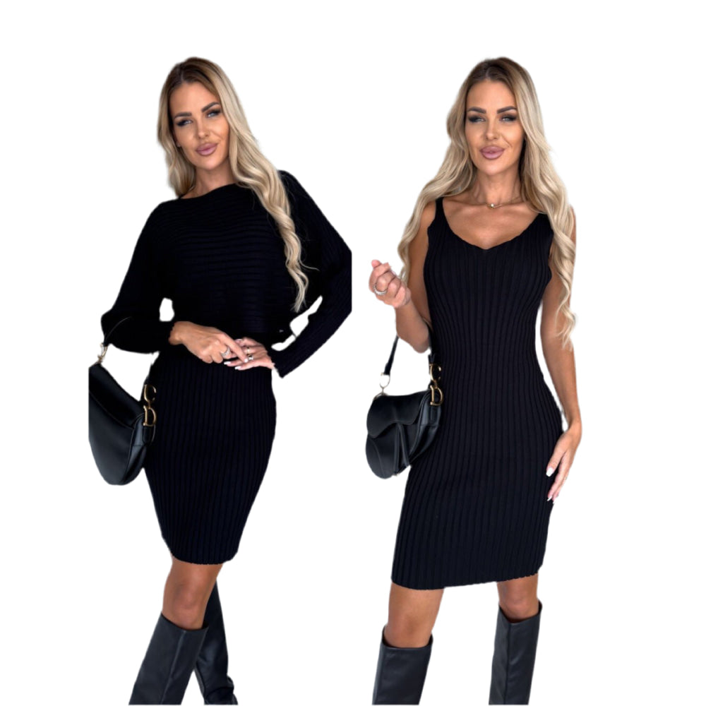 2pcs Suit Women's Solid Stripe Long-sleeved Top And Tight Suspender Skirt Fashion Autumn Winter Slim Clothing