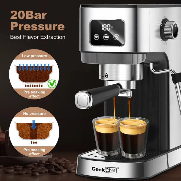 Chef Espresso Machine, Cappuccino & Latte Machine With ESE POD Filter & Milk Frother Steam Wand, Accurate Temperature & Time Control, Compact Coffee Machine For Home,Stainless Steel