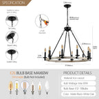 32  Rustic Farmhouse 10-Light Candle Chandelier, Black Metal And Wood Round Hanging Light Fixture For Dining Room, Kitchen, Living Room, Adjustable Height, E12 Bulb Base  No Bulbs