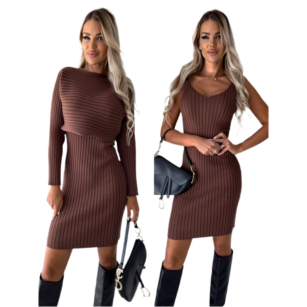 2pcs Suit Women's Solid Stripe Long-sleeved Top And Tight Suspender Skirt Fashion Autumn Winter Slim Clothing