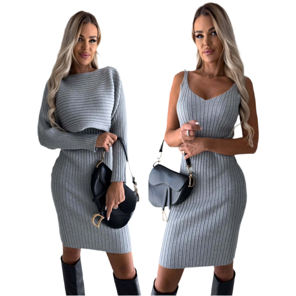 2pcs Suit Women's Solid Stripe Long-sleeved Top And Tight Suspender Skirt Fashion Autumn Winter Slim Clothing
