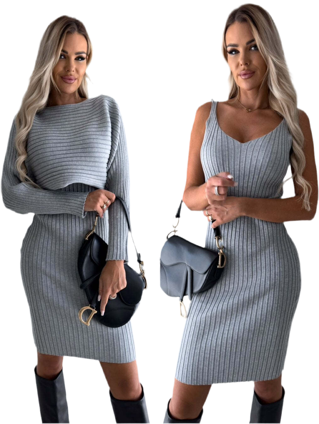 2pcs Suit Women's Solid Stripe Long-sleeved Top And Tight Suspender Skirt Fashion Autumn Winter Slim Clothing