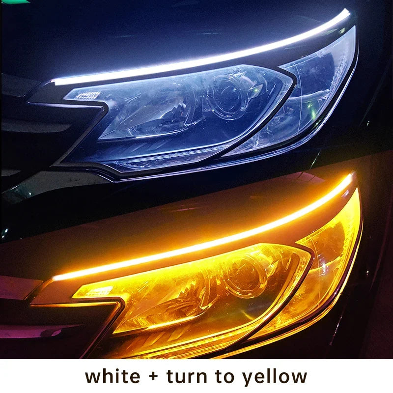 Faros delanteros de coche, señal de giro blanca, luces de flujo de freno amarillas, LED DRL, luz de circulación diurna para coche, tira Flexible impermeable de 12V, 2 uds.