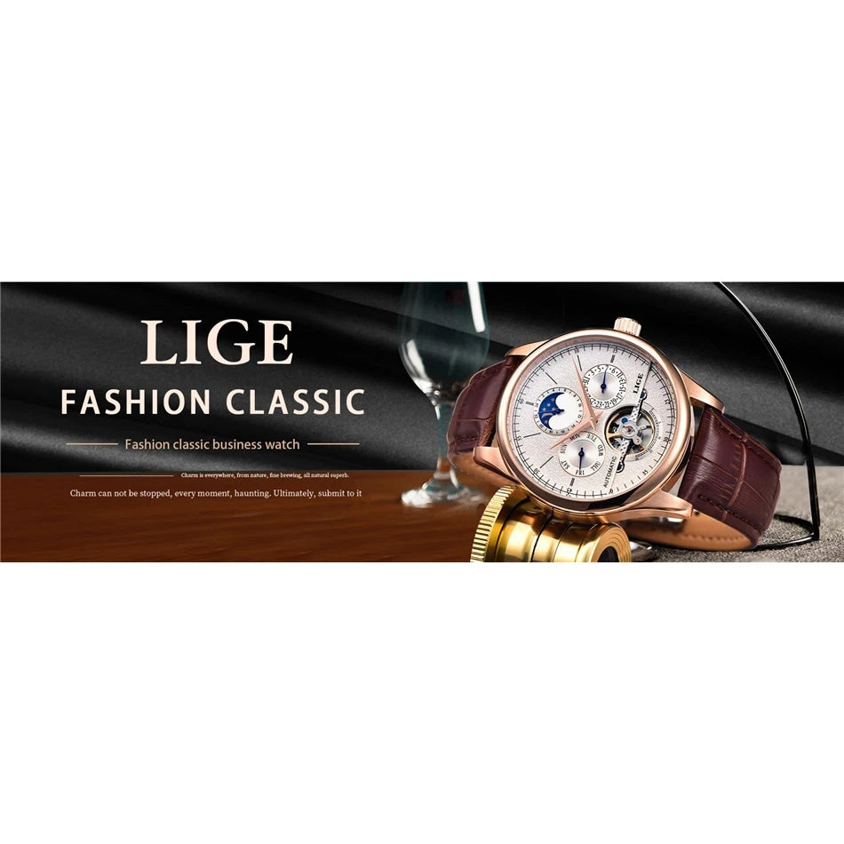 LIGE Brand Classic Mens Retro Watches Automatic Mechanical Watch Tourbillon Clock Genuine Leather Waterproof Military Wristwatch