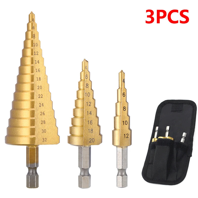 Broca escalonada recubierta de titanio HSS de 4-32mm, 4-20mm, herramienta de perforación cónica cortadora de agujeros de madera y Metal de acero de alta velocidad