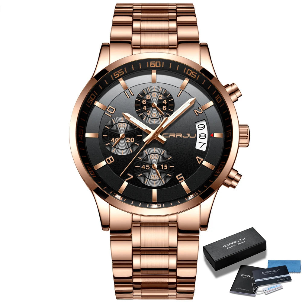 CRRJU Men Quartz Wristwatches Luxury Brand Sporty Chronograph Watches with 316 Stainless Steel Luminous Hands Male Clock Red