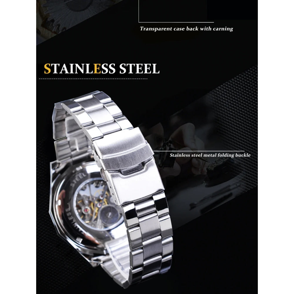 Forsining 2021 Stainless Steel Waterproof Mens Skeleton Watches Top Brand Luxury Transparent Mechanical Sport Male Wrist Watches