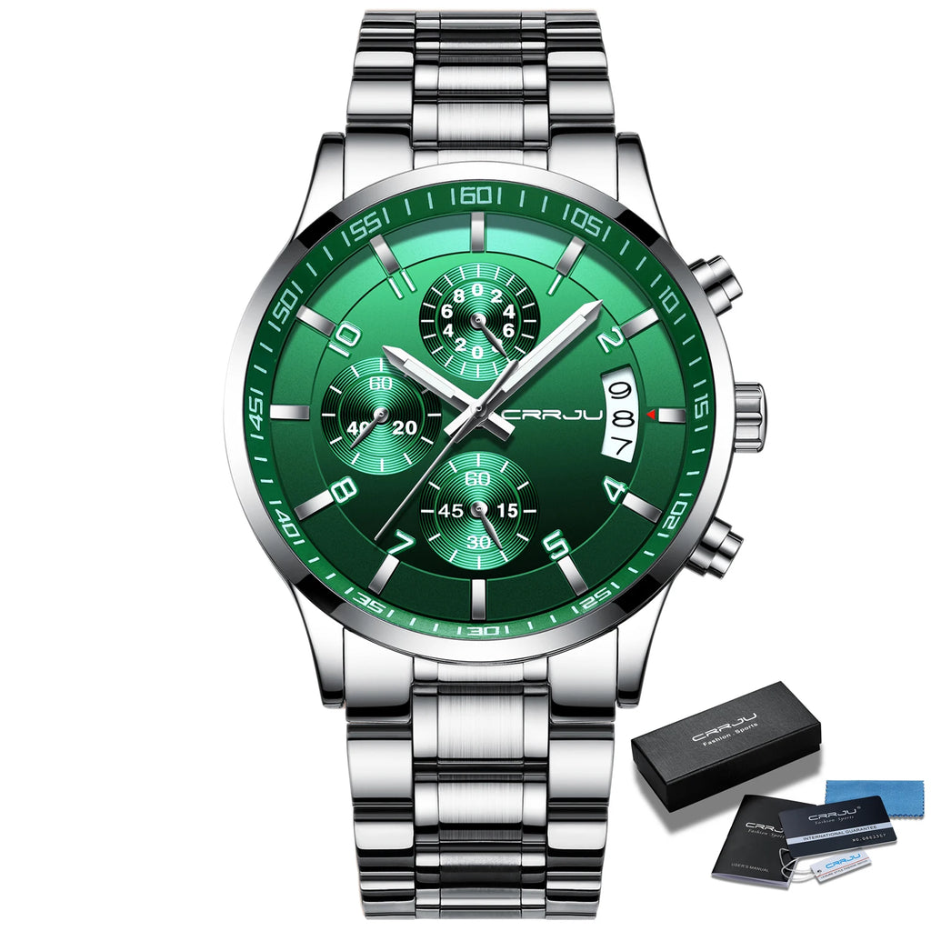 CRRJU Men Quartz Wristwatches Luxury Brand Sporty Chronograph Watches with 316 Stainless Steel Luminous Hands Male Clock Red