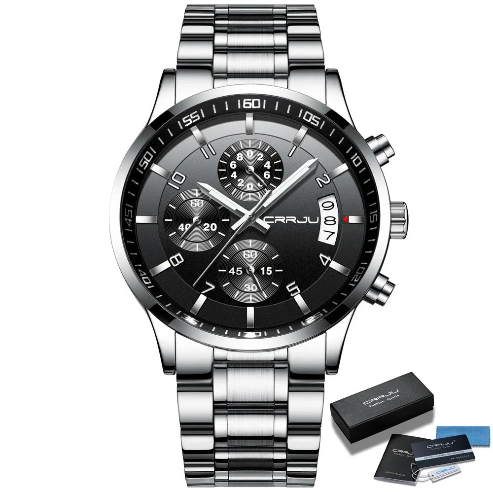 CRRJU Men Quartz Wristwatches Luxury Brand Sporty Chronograph Watches with 316 Stainless Steel Luminous Hands Male Clock Red