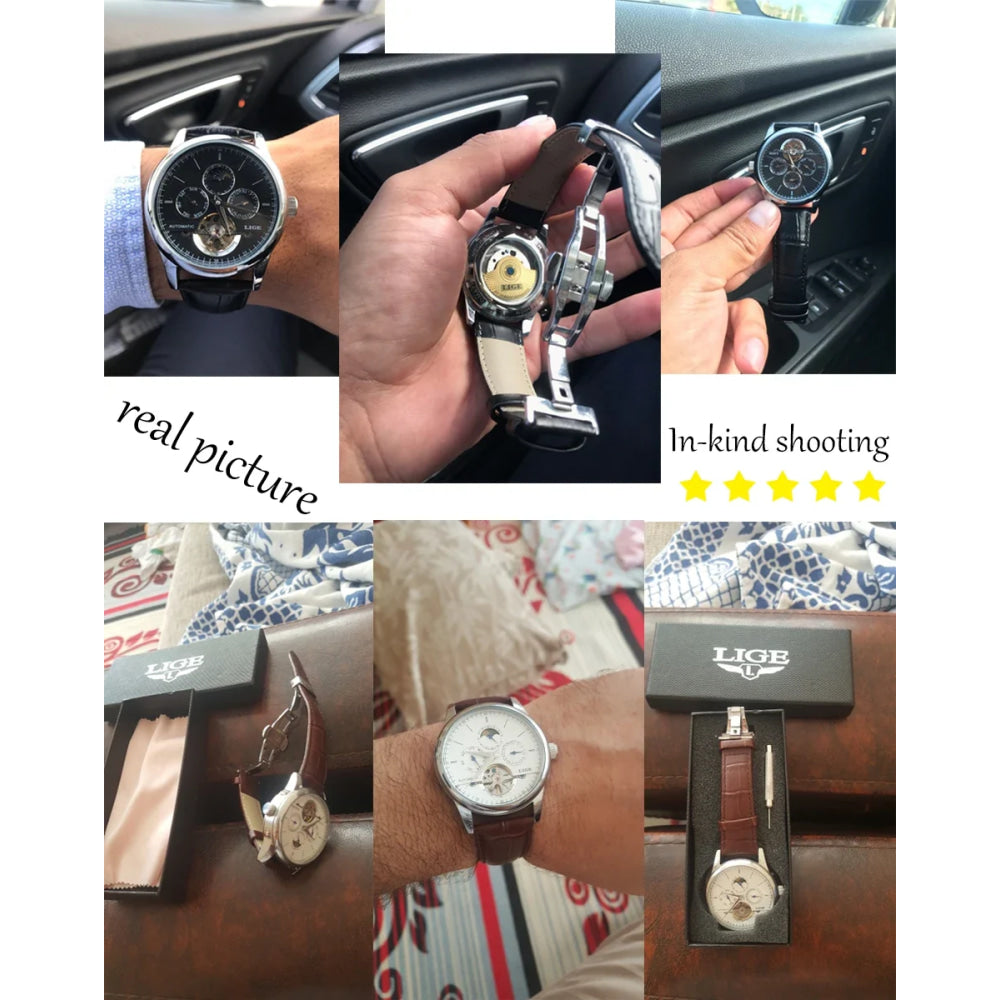 LIGE Brand Classic Mens Retro Watches Automatic Mechanical Watch Tourbillon Clock Genuine Leather Waterproof Military Wristwatch