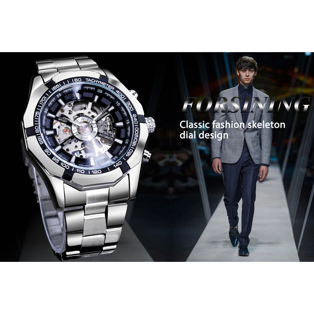 Forsining 2021 Stainless Steel Waterproof Mens Skeleton Watches Top Brand Luxury Transparent Mechanical Sport Male Wrist Watches