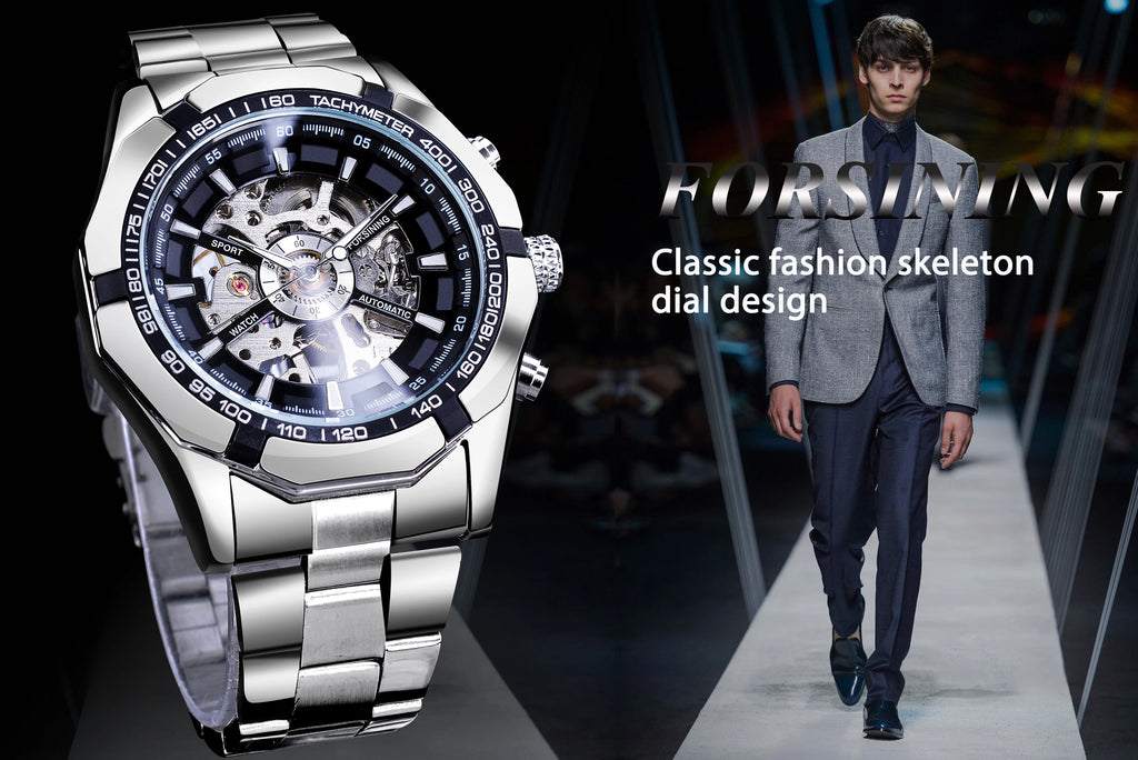Forsining 2021 Stainless Steel Waterproof Mens Skeleton Watches Top Brand Luxury Transparent Mechanical Sport Male Wrist Watches