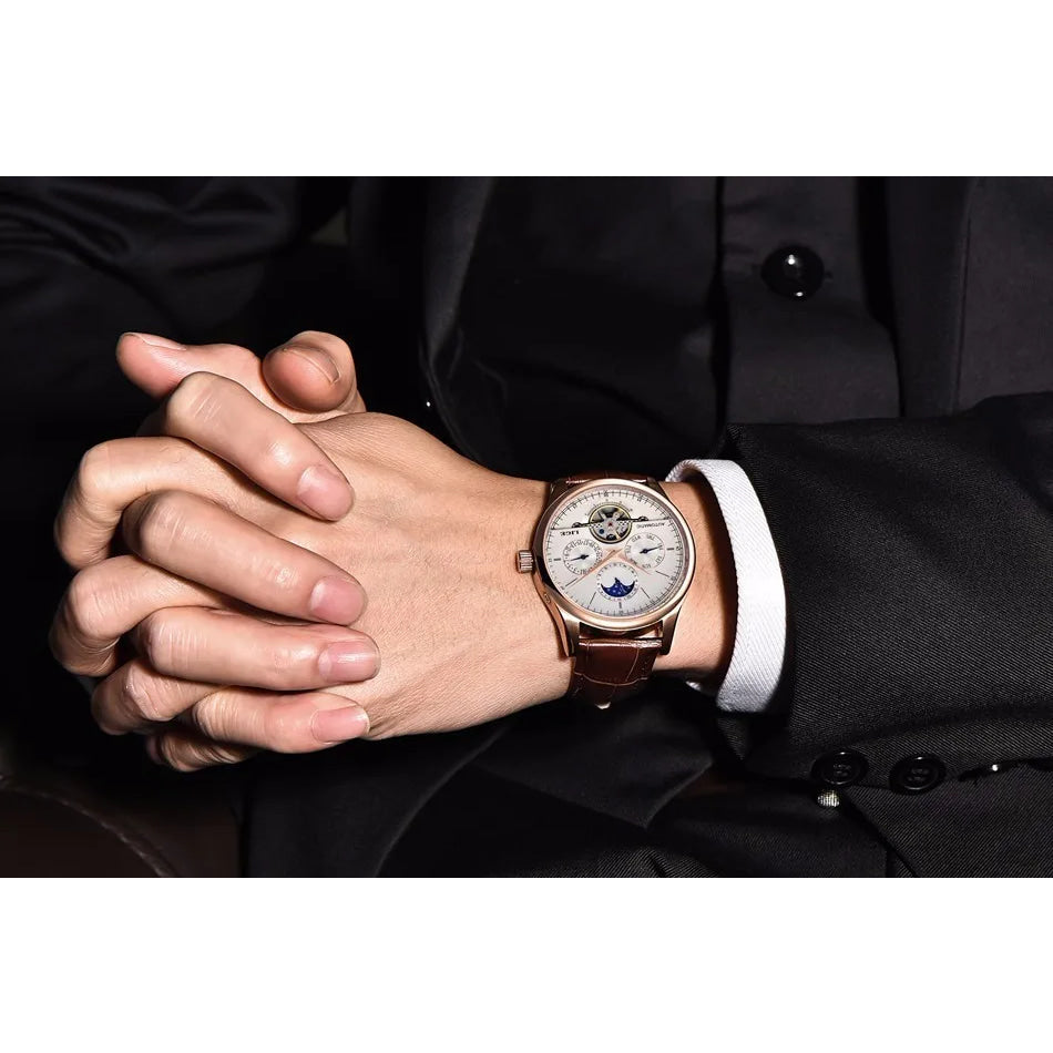 LIGE Brand Classic Mens Retro Watches Automatic Mechanical Watch Tourbillon Clock Genuine Leather Waterproof Military Wristwatch