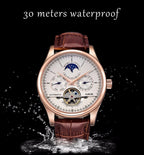 LIGE Brand Classic Mens Retro Watches Automatic Mechanical Watch Tourbillon Clock Genuine Leather Waterproof Military Wristwatch