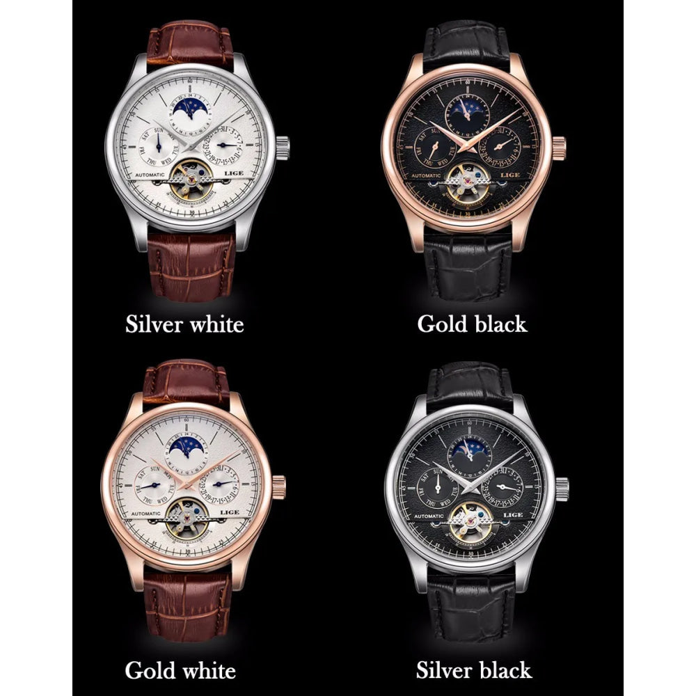 LIGE Brand Classic Mens Retro Watches Automatic Mechanical Watch Tourbillon Clock Genuine Leather Waterproof Military Wristwatch