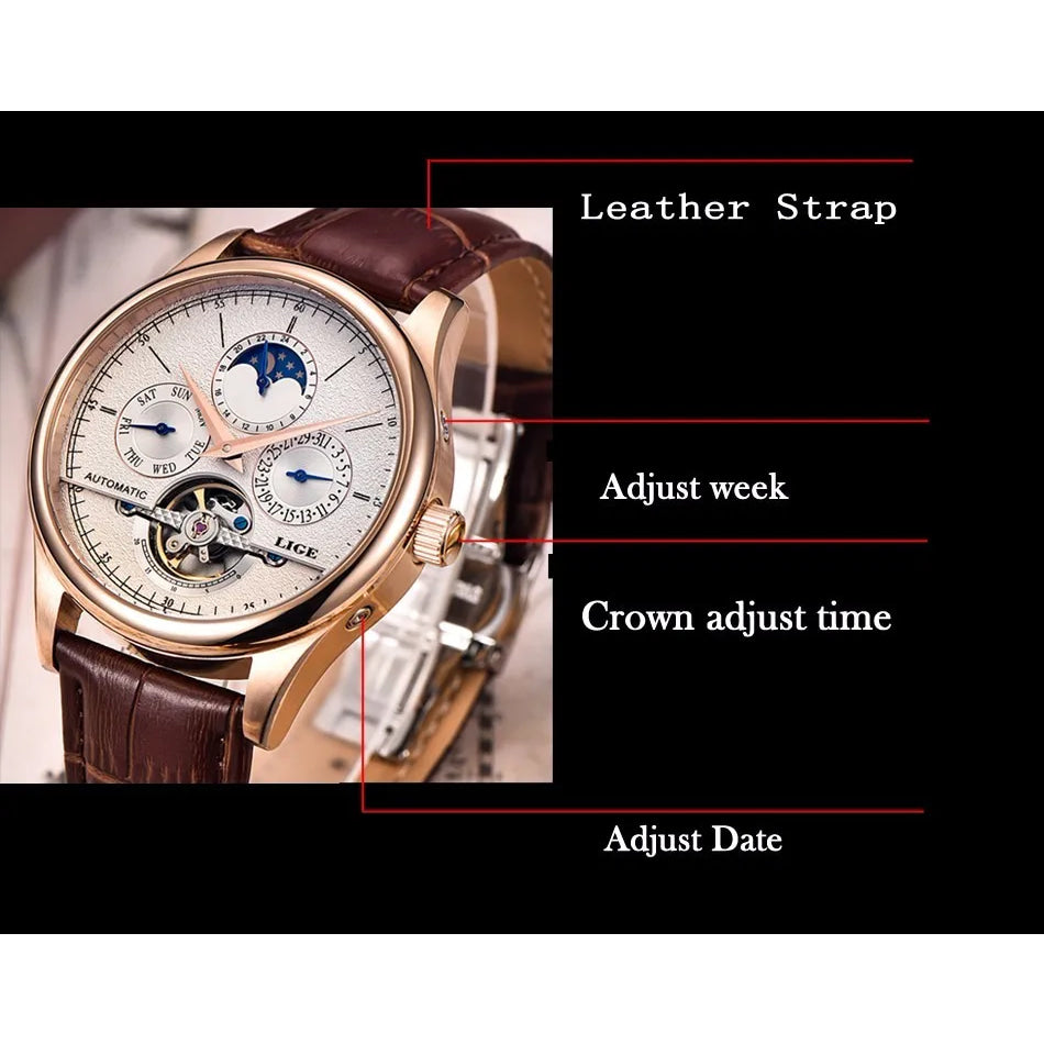 LIGE Brand Classic Mens Retro Watches Automatic Mechanical Watch Tourbillon Clock Genuine Leather Waterproof Military Wristwatch