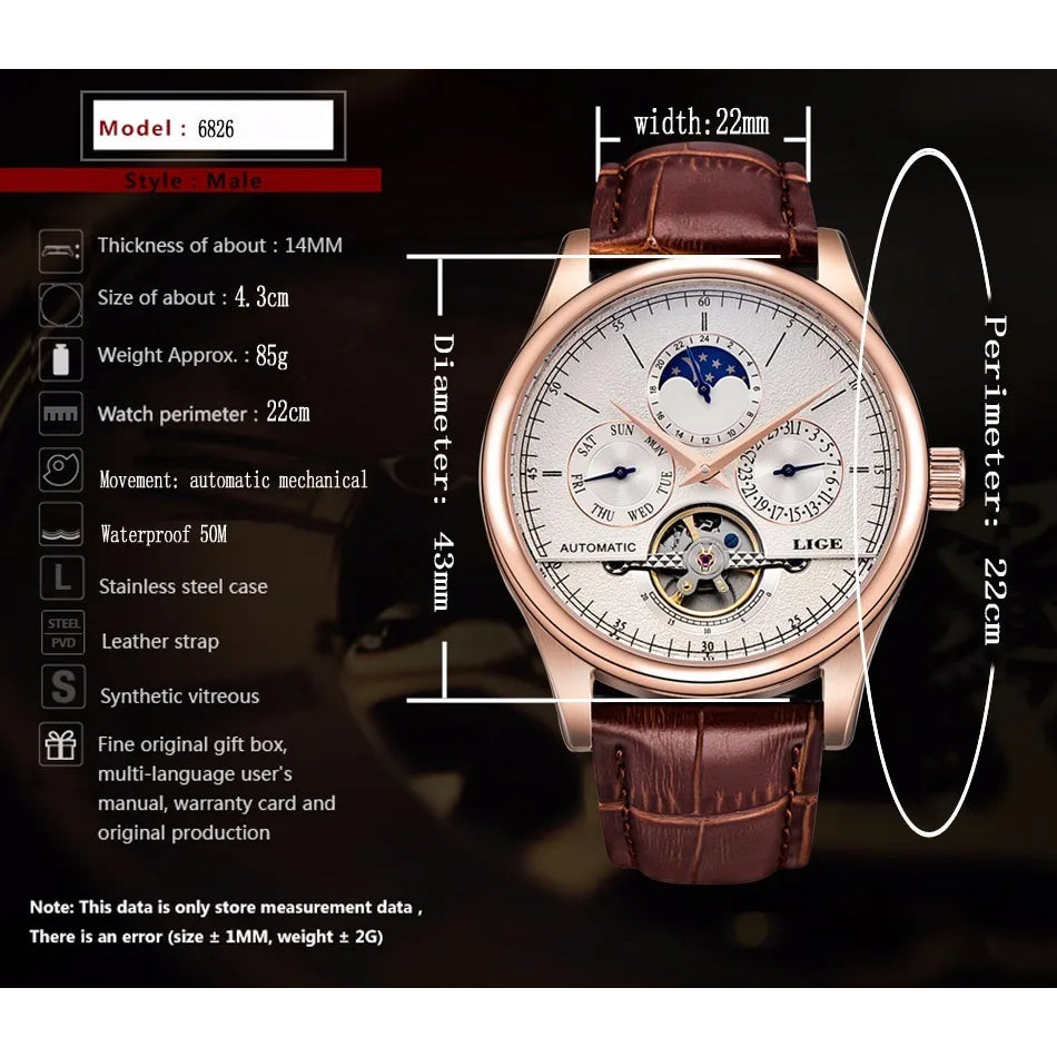 LIGE Brand Classic Mens Retro Watches Automatic Mechanical Watch Tourbillon Clock Genuine Leather Waterproof Military Wristwatch