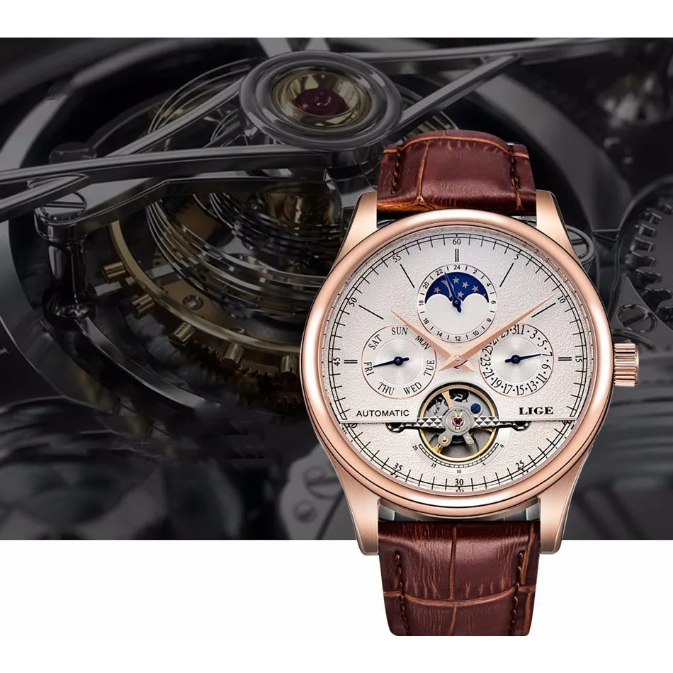 LIGE Brand Classic Mens Retro Watches Automatic Mechanical Watch Tourbillon Clock Genuine Leather Waterproof Military Wristwatch