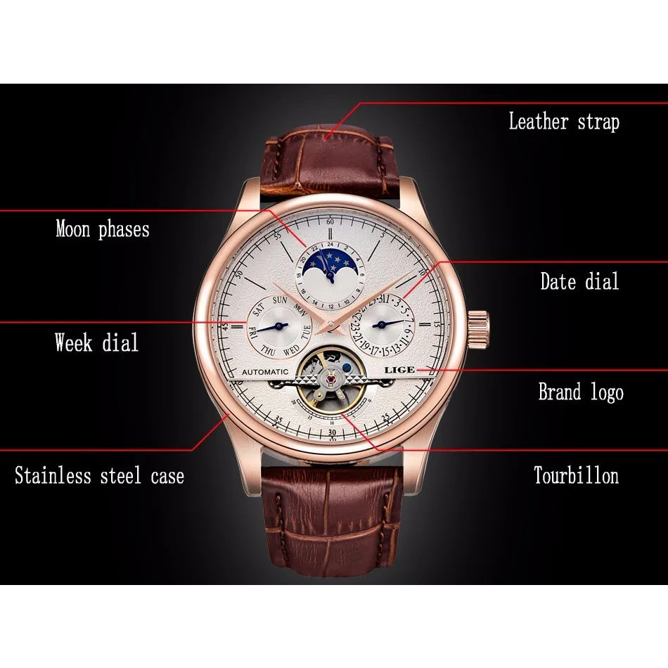 LIGE Brand Classic Mens Retro Watches Automatic Mechanical Watch Tourbillon Clock Genuine Leather Waterproof Military Wristwatch