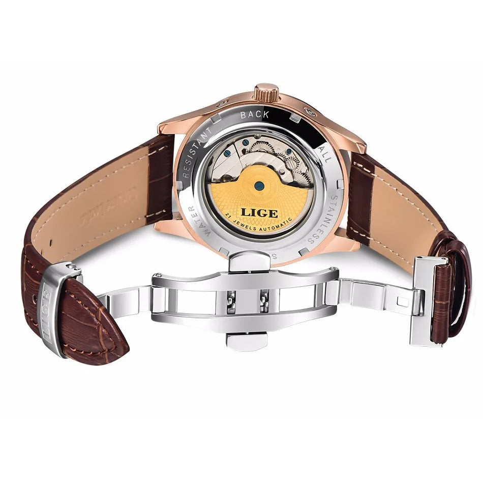 LIGE Brand Classic Mens Retro Watches Automatic Mechanical Watch Tourbillon Clock Genuine Leather Waterproof Military Wristwatch