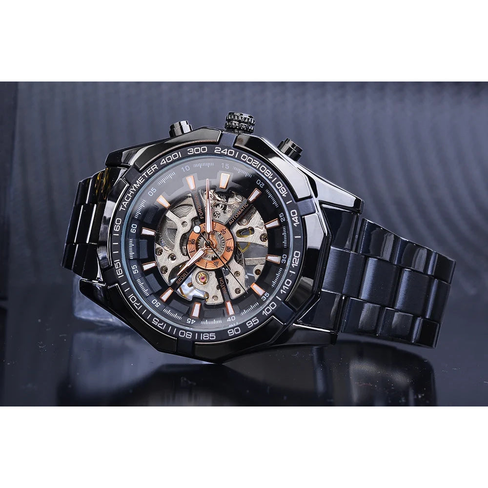 Forsining 2021 Stainless Steel Waterproof Mens Skeleton Watches Top Brand Luxury Transparent Mechanical Sport Male Wrist Watches