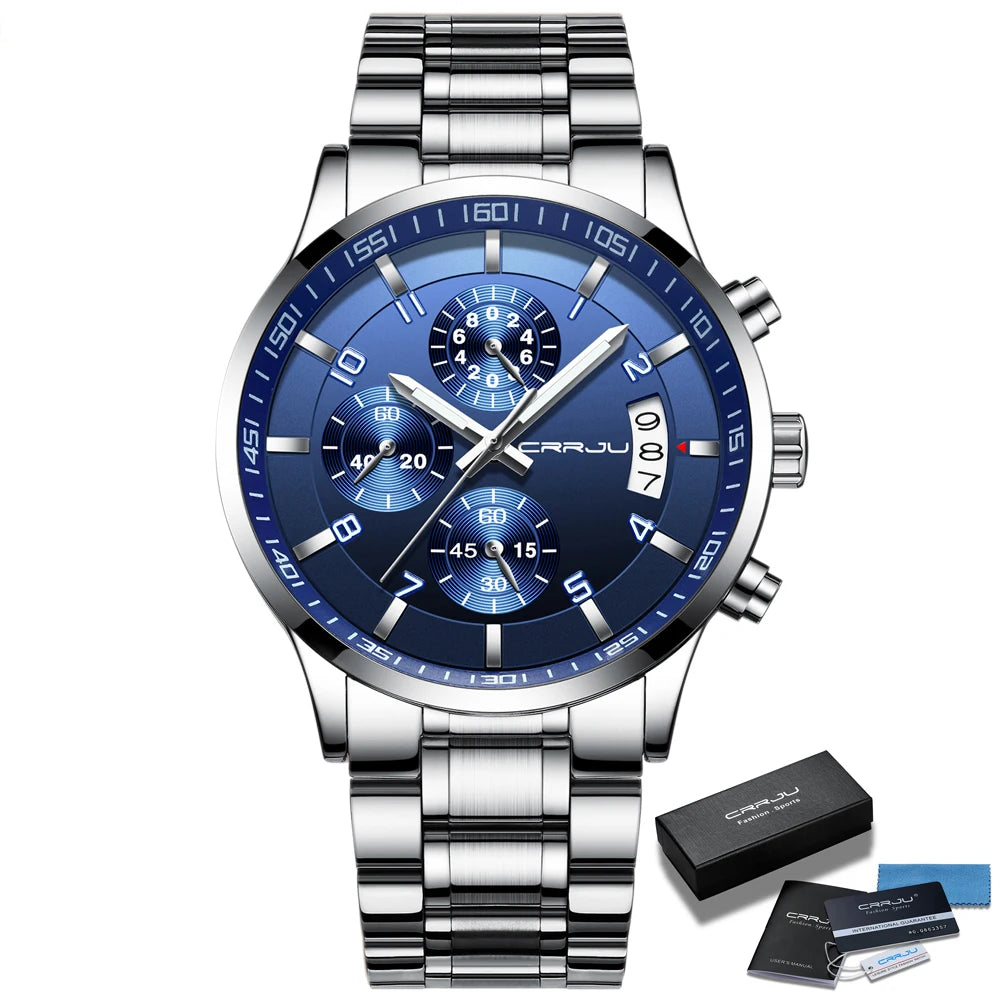 CRRJU Men Quartz Wristwatches Luxury Brand Sporty Chronograph Watches with 316 Stainless Steel Luminous Hands Male Clock Red