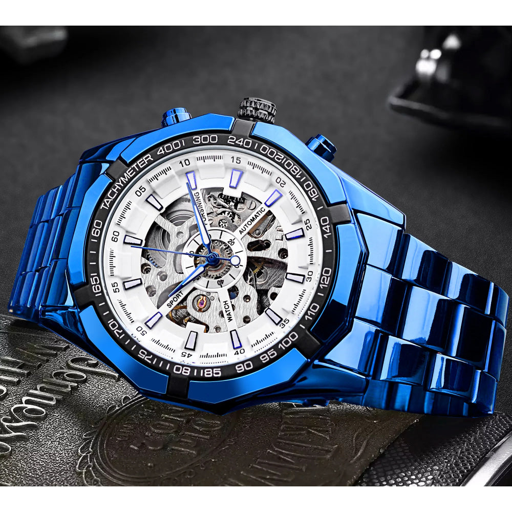 Forsining 2021 Stainless Steel Waterproof Mens Skeleton Watches Top Brand Luxury Transparent Mechanical Sport Male Wrist Watches