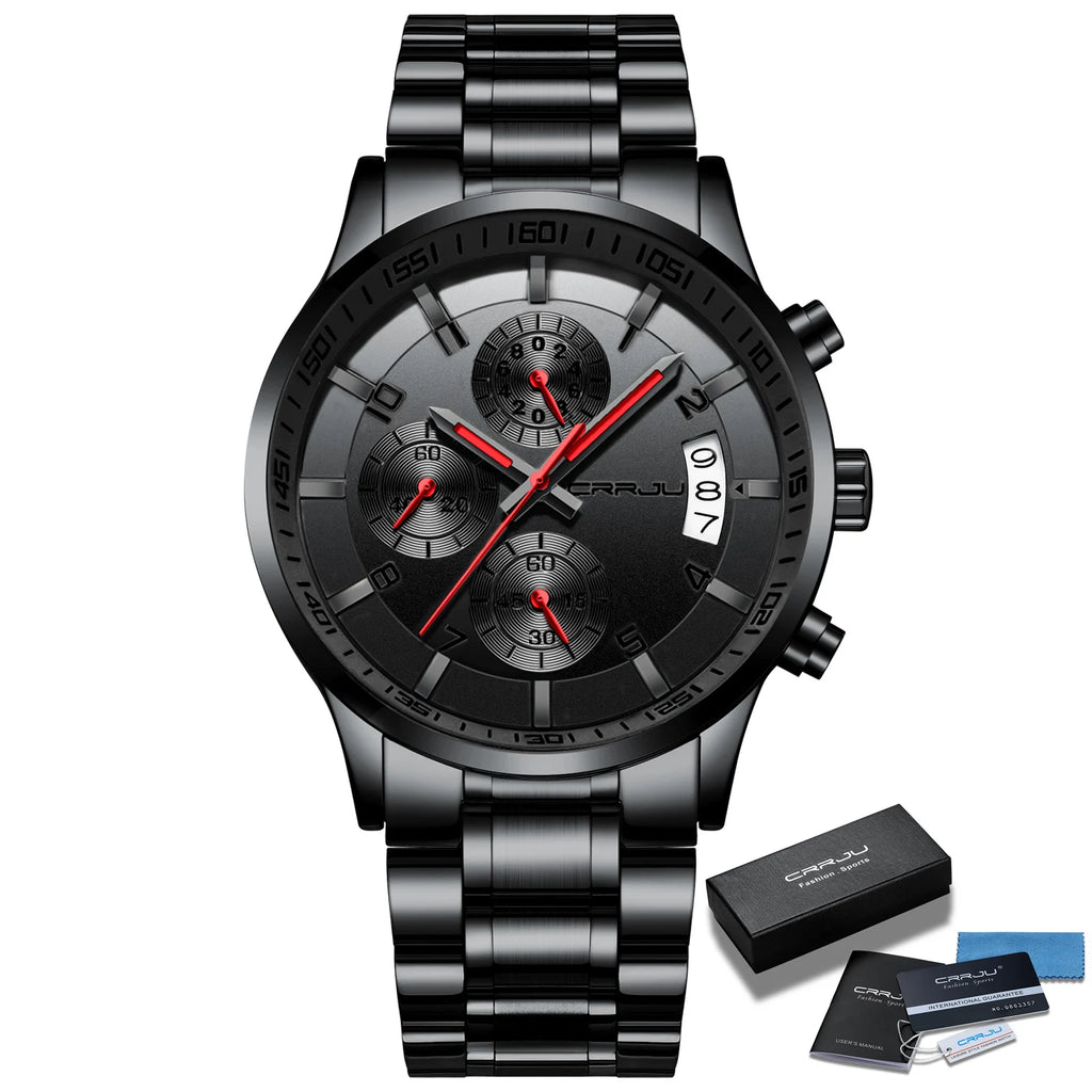 CRRJU Men Quartz Wristwatches Luxury Brand Sporty Chronograph Watches with 316 Stainless Steel Luminous Hands Male Clock Red
