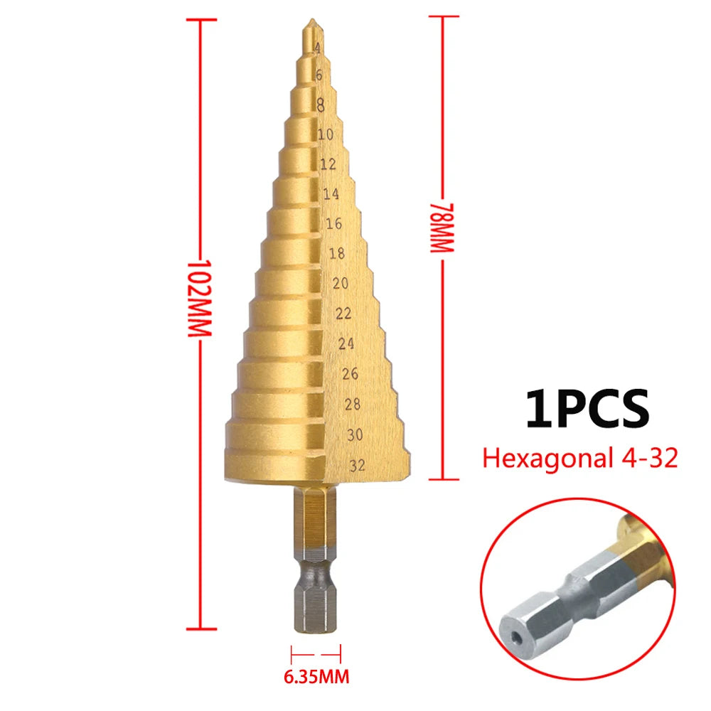 Broca escalonada recubierta de titanio HSS de 4-32mm, 4-20mm, herramienta de perforación cónica cortadora de agujeros de madera y Metal de acero de alta velocidad